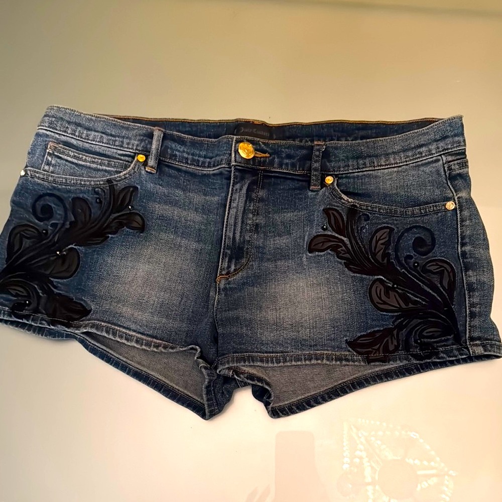 Juicy Couture Blue and Black Jean Shorts with Distressed Detailing